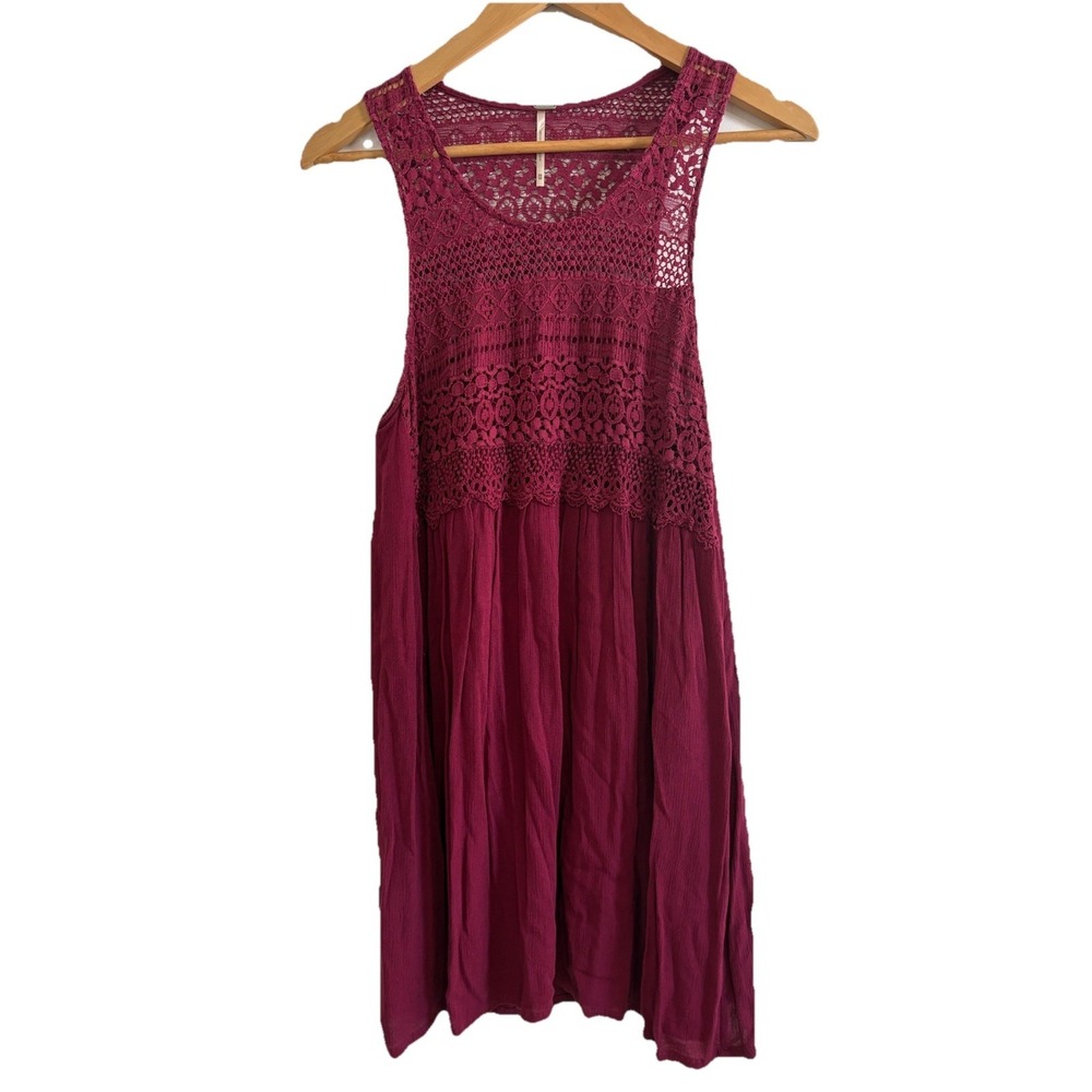 Free People Harlow Tunic Tank Top XS Burgundy Crochet Lace Boho Swing Mini Dress